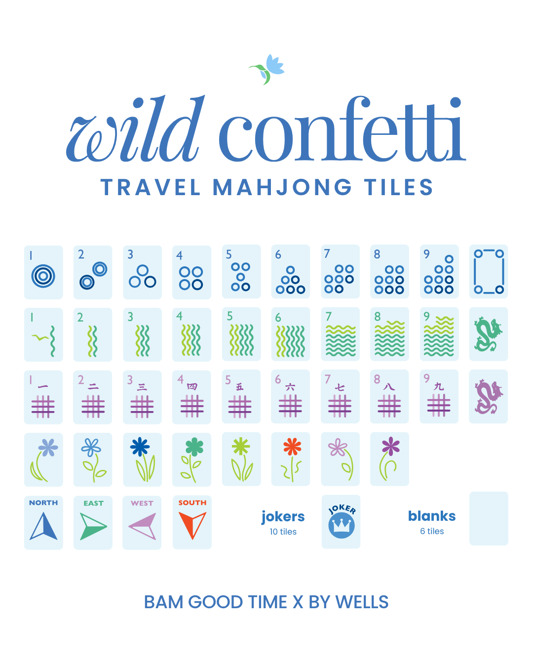 Wild Confetti travel mahjong tiles, full tile chart