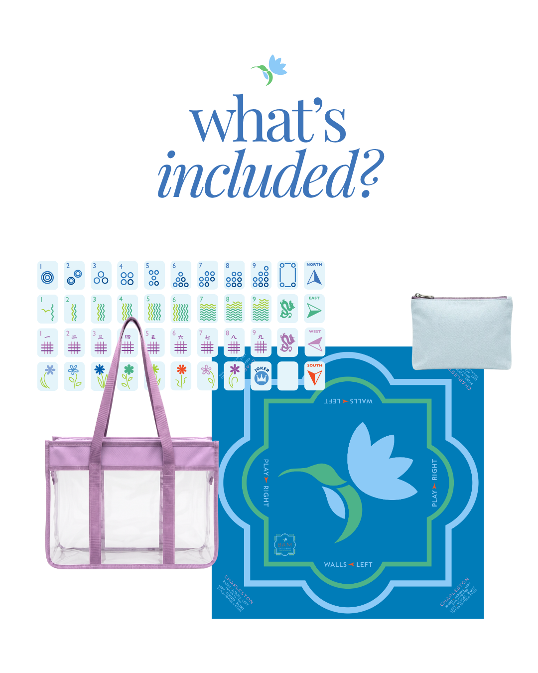 What's included in the Wild Confetti travel set: tiles, mat, tile bag and clear tote